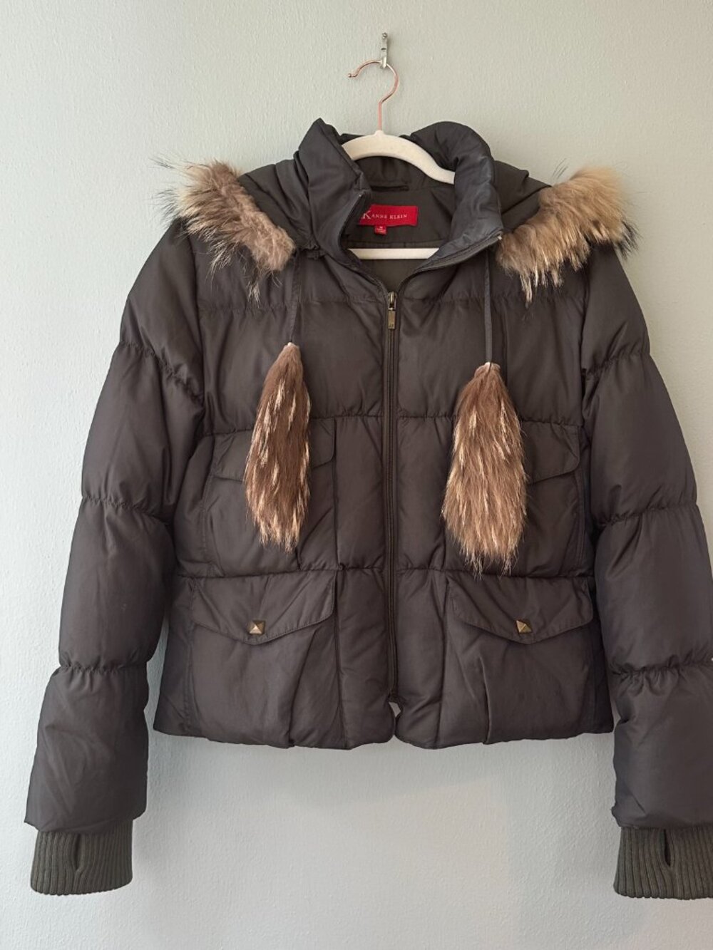 Anne Klein Olive Green Down Puffer Jacket Raccoon Trim Removable Hood sz Medium